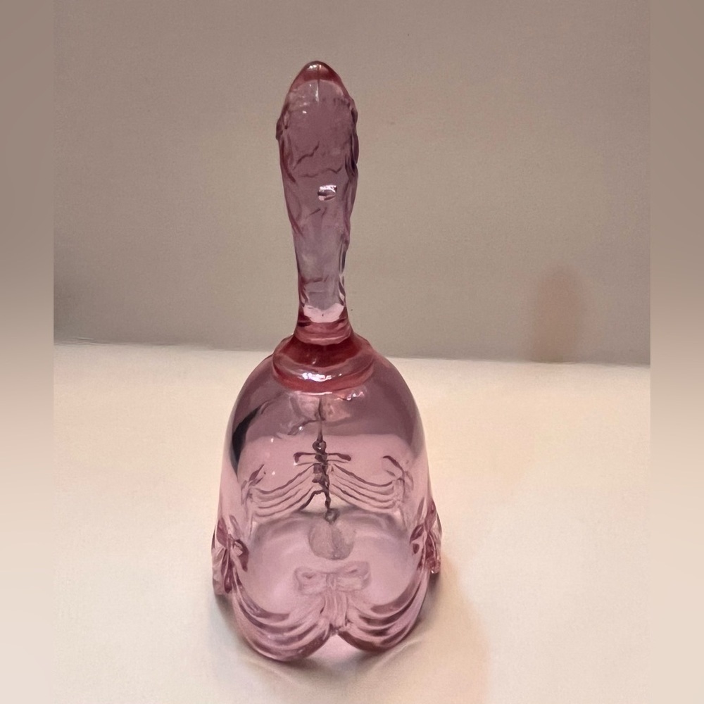 Vintage Fenton Glass Bell Pink Bow and Drape Scalloped Edge Ruffle Made in USA